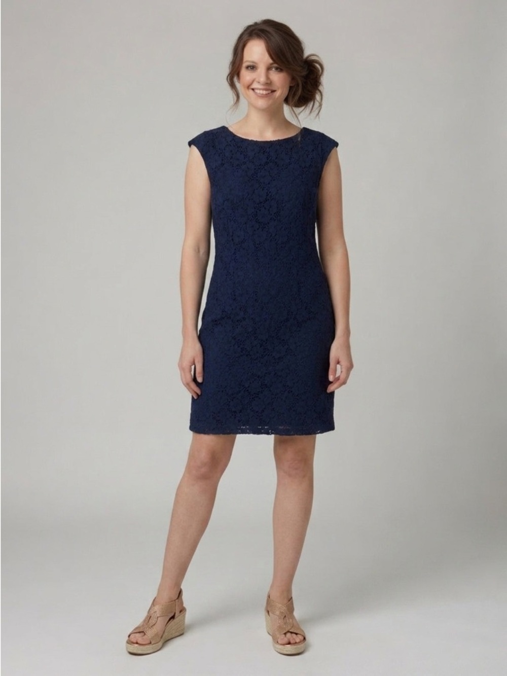 Chaps Navy Blue Lace Midi Sheath Dress Size 10 Sleeveless Lined